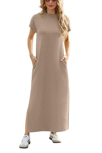 Image of GRECERELLE Womens Maxi Dress Wrinkle Free Summer Mock Neck Short Sleeve 2025 Casual Elegant Loose Split Long Dresses with Pockets (Khaki, M)