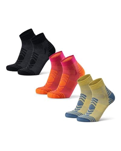 Image of DANISH ENDURANCE Merino Wool Low Cut Hiking Socks with Lightweight Cushioning, for Men & Women, Unisex, 3 Pack, Multicolor (1x Yellow/Flint Grey, 1x Fuchsia/Orange, 1x Black), 6-8