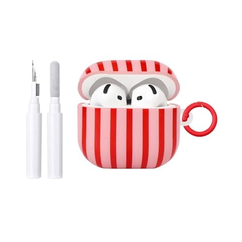 Image of Reownest Compatible for AirPods 4 Case with Cleaner Kit，Cute Striped Soft TPU Aesthetics Design for Girls Women Shockproof Keychain Cover for Airpods 4th Generation -Red