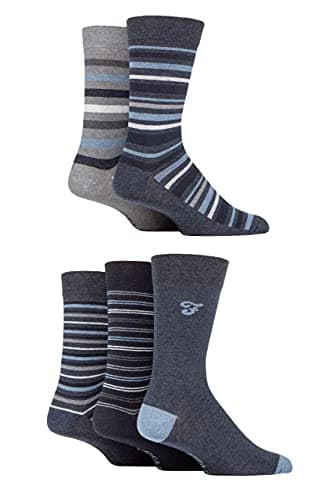 Image of Farah Mens Cotton Socks Striped and Argyle Patterned Designs Calf Length Pack of 5 - Stripe Denim 6-11