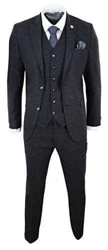 Image of Mens Wool Tweed Suit 3 Piece Authentic 1920s Tailored Fit Classic Black