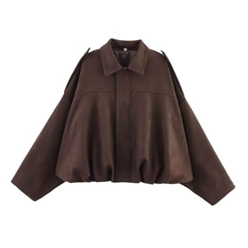 Image of IMEKIS Faux Suede Bomber Jacket for Women Oversized Long Sleeve Zipper Up Leather Jackets Casual Short Pilot Coat Fall Winter Transition Trendy Streetwear Outwear Coffee S