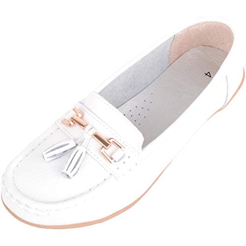 Image of ABSOLUTE FOOTWEAR Womens Slip On Wide Fit Leather Loafer Deck Boat Shoes, Tassel Detail, White, UK 4 / EU 37