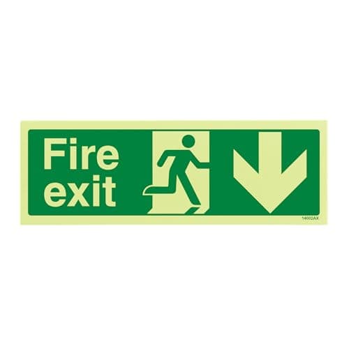 Image of V Safety 14002AX-GS Glow In The Dark Fire Exit Arrow Down Sign - 300mm x 100mm - Self Adhesive Vinyl