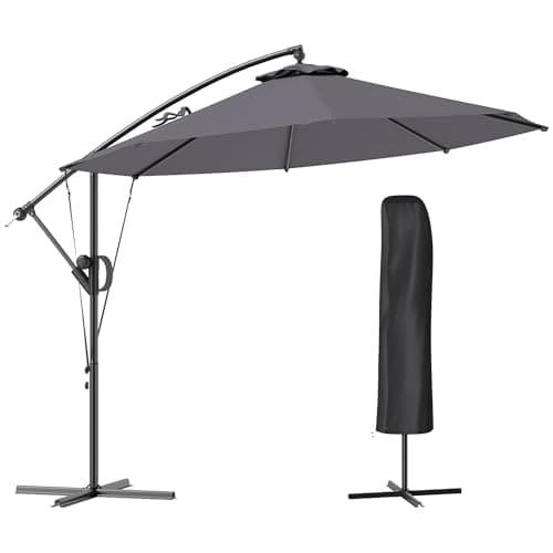 Image of Outsunny 3(m) Garden Cantilever Parasol with Cover and Wind Protection Strap, Round Overhanging Umbrella with Crank Handle and Tilt, Banana Patio Umbrella for Outdoor Sun Shade, UPF50+, Grey