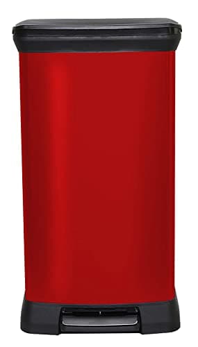 Image of CURVER Metal Effect 70% Recycled Kitchen Pedal Touch Deco Bin 50 Litres - Red