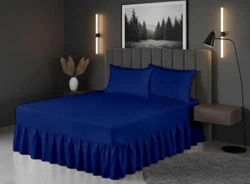 Image of Luxury Polycotton Fitted Valance Sheet – Plain Dyed Bed Skirt Platform Base Cover, Easy Care, Wrinkle Resistant, (Blue, Single)
