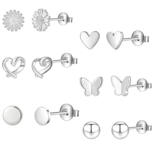 Image of 6Pairs Silver Studs Earrings for Women Sterling Silver Stud Earrings Star Moon Ball Heart Studs Earrings Sets for Teens Girls Gifts with Boxs