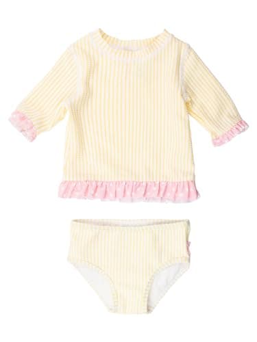 Image of RuffleButts Baby Toddler Girls UPF50 Sun Protection Seersucker Short Sleeve Ruffle Rash Guard Bikini - Banana, 3T Yellow