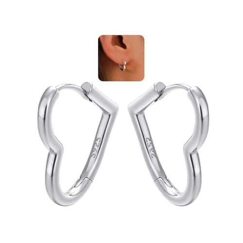 Image of Silver Earrings for Women, Hypoallergenic 925 Sterling Silver Heart Earrings, Small Gold Huggie Hoop Earring Valentine Christmas Birthday Jewellery Gift (silver)