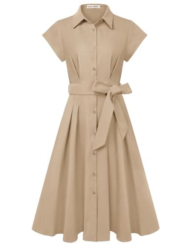 Image of GRACE KARIN Women's Short Sleeve A-Line Midi Dresses Elegant Lapel Neck Buttons Tie Waist Shirt Dress for Work Wedding Khaki L