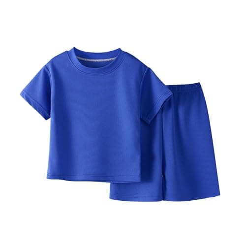 Image of Blue Boys Athletic Short Sets 2 Piece T-Shirt and Shorts for Kids Summer Outfits Crew Neck Short Sleeve Tops and Mesh Joggers Shorts Sportwear Loose Casual Tracksuits Vacation Clothes 9-10 Years