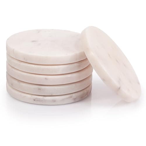 Image of EHC Circular Marble Drink Coasters Mats, Set of 6 Premium Stone Protectors for Cups & Tumblers, Slip-Resistant Tabletop Shield, Elegant Rock Accents for Home or Work - White