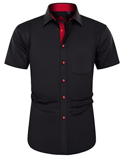 Image of J.VER Men's Black Dress Shirt Short Sleeve Regular Fit Casual Formal Shirt Button Down Wedding Business Work Office Stretch Non Iron S