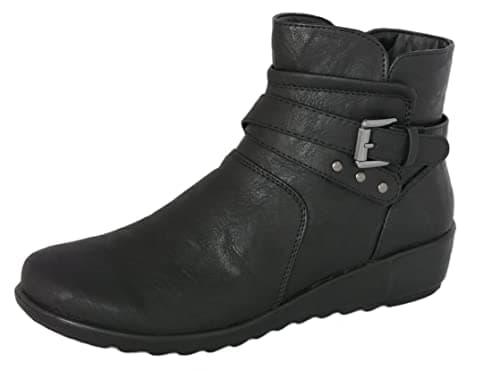 Image of Cushion Walk Women's Black Low Wedge Ankle Boots with Zip Fastening & Buckle and Stud Detail - Non-Slip Sole - Sizes 4-8 (6 UK, Black)