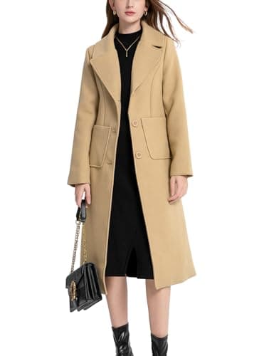 Image of Sukany Women's Winter Casual Notch Lapel Wool Blend Coat Single Breasted Mid Long Pea Coat Jacket (Camel,M)
