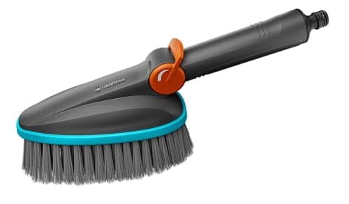 Image of Gardena Cleansystem Hand-Held Brush M soft Scrubber with hose connection, for smaller, sensitive surfaces. Practical one-handed operation, with water-flow regulation (18842-20)
