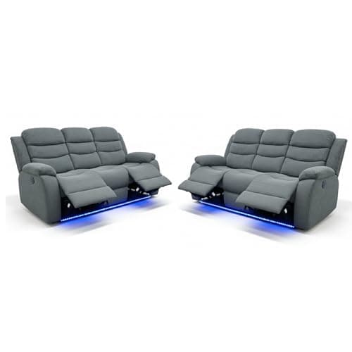 Image of Madrid Fabric Electric Recliner Sofa with Cupholders – 3+2 Seater – USB Charging Ports – LED Lights – Fabric Recliner Sofa Set (Grey) (3+3 Seater)