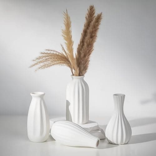 Image of NUPTIO Small White Ceramic Vase: Decorative Flower Bud Vases for Home Bathroom Shelves Decor - Rustic Boho Ribbed Centrepiece for Table Decoration Set of 4