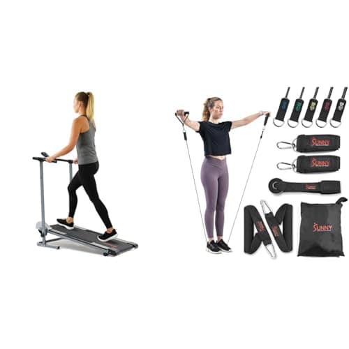 Image of Sunny Health & Fitness Foldable Manual Treadmill, Compact Cardio Fitness + Premium Resistance Band Set With Door Anchors, Wrist Straps, Handles & Carry Bag