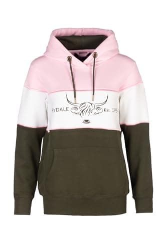 Image of Rydale Ladies Overhead Country Hoody Highland Cow Embroidery Women's Jumper (UK, Numeric, 16, Regular, Regular, Cow Sorbet/White/Olive)