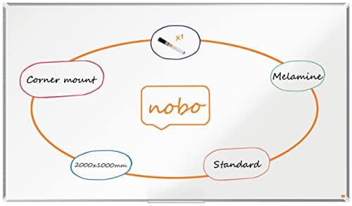 Image of Nobo Melamine Whiteboard, Non-Magnetic, 2000 x 1000mm, Aluminium Trim, Corner Wall Mounting, Includes Whiteboard Pen, Premium Plus, 200 x 100cm, White, 1915172