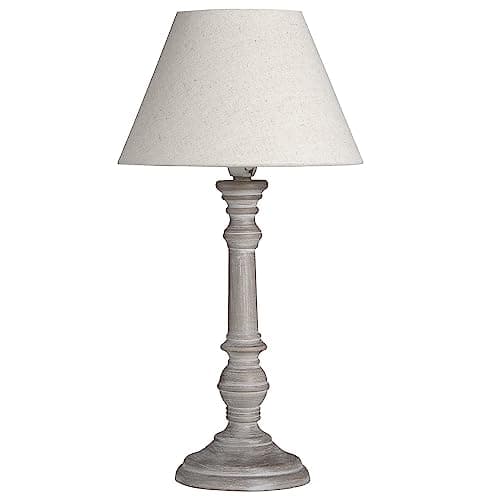 Image of Grey Washed Wood Vintage Rustic Candlestick Stem Table Lamp with Linen Fabric Tapered Shade | 38cm Height | 1 x ES E27 Lamp Required | in-Line On Off Switch | Wooden Hand Lathe Turned