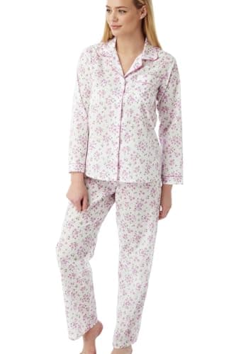 Image of Tesmark Floral Long Sleeve Pyjamas for women - Soft Polycotton Womens Pyjamas Set, Full-Length Pants and Satin Piping Ladies Pyjamas UK Size 10-30, MN15 (12-14, Pink)