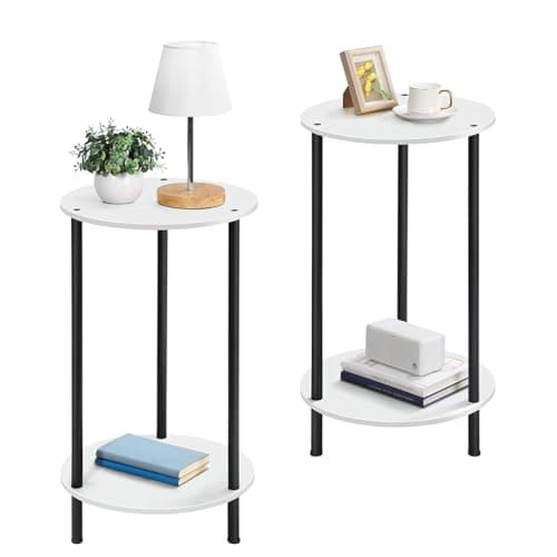 Image of LIANTRAL End Tables Set of 2, 2 Tier Small Side Table, Round Nightstand Sofa Table Coffee Table with Storage Shelves for Living Room, Bedroom, MDF & Metal, White