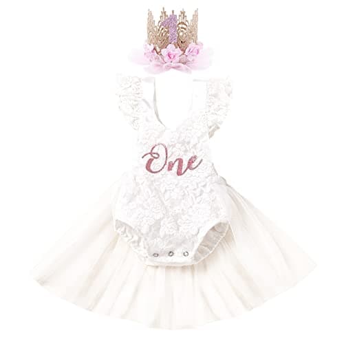 Image of Toddler Baby Girl Lace Romper Dress Princess Fly Sleeve Backless Bodysuit Tulle Tutu Dress with Flower Crown Headband 2PCS Birthday Cake Smash Party Outfit White 9-12 Months