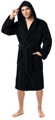 Image of NY Threads Mens Dressing Gowns Fleece Fluffy Hooded Bathrobe Men Warm Luxury Housecoat and Nightgown, Medium, Black