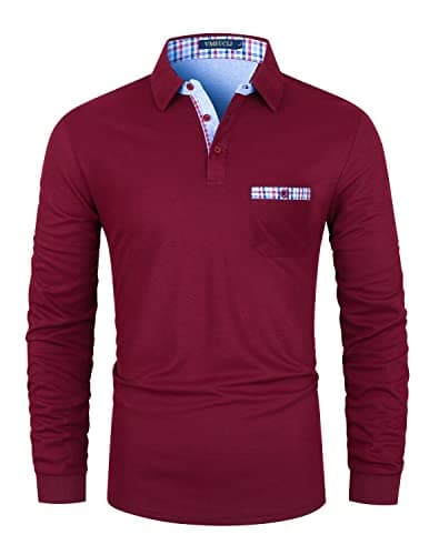 Image of VMSUCIJ Men's Polo Long Sleeve Plaid Denim Stitched Cotton Golf T-Shirt with Real Pocket M-3XL,Red,L