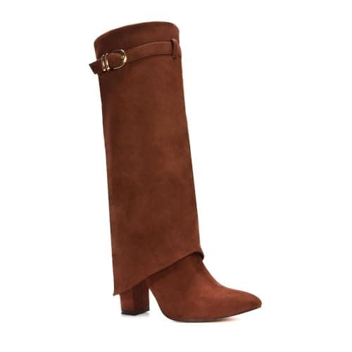 Image of ESSEX GLAM Women's Fold Over Knee High Boots Ladies Brown Faux Suede Pointed Toe Buckle Block Heel Size 3