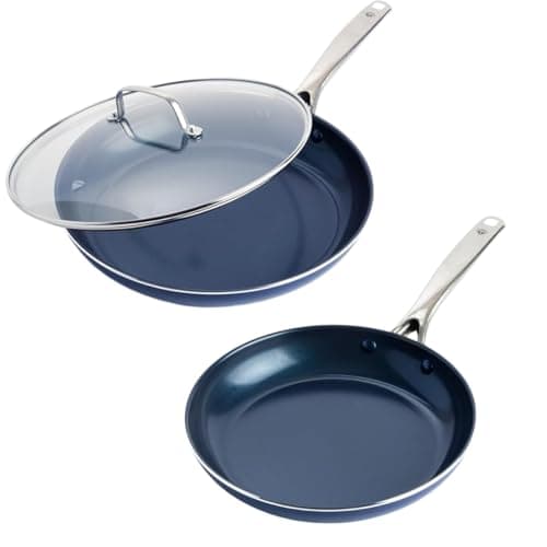 Image of Blue Diamond 3-Piece Ceramic Non-Stick Pan Set – Diamond Infused Frying Pans with Glass Lid – Durable Non-Toxic Aluminium Cookware – Oven & Dishwasher Safe | 24cm & 28cm