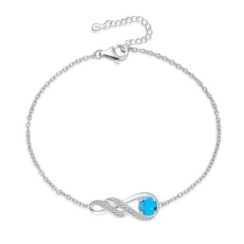 Image of LOCIBLO December Birthstone Bracelets for Women 925 Sterling Silver Blue Created Turquoise Bracelet White Gold Infinity Pendant Jewellery, 6.7"+1.2"