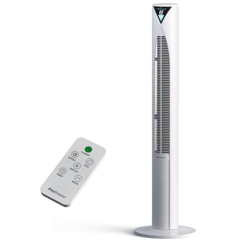 Image of Pro Breeze® 46" Ultra-Powerful Bladeless Tower Fan with 45W Motor, Oscillating Portable Air Circulator, 3 Cooling Speeds, 4 Operational Modes, and 12-Hour Timer for Home & Office - White