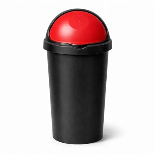 Image of SPECTRAPLAST® 60L Bullet Bin Large Capacity Indoor & Outdoor Waste Bin – Heavy Duty Plastic Rubbish Bin with Flip Lid – Tall Black Base Dustbin for Kitchen, Office & Garden (RED)