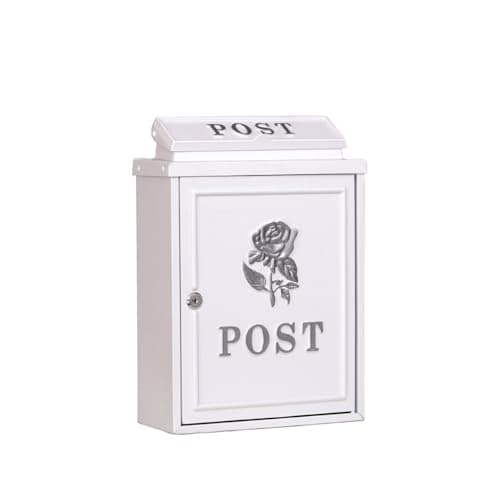 Image of AuraHome Vintage Weatherproof Post Box Classic Rose Design-Lockable Heavy Duty Secure Wall Mounted Letter Mail for Walls/Gates/Garages.Charming Easy to fit White Post with Silver Rose Improved Design