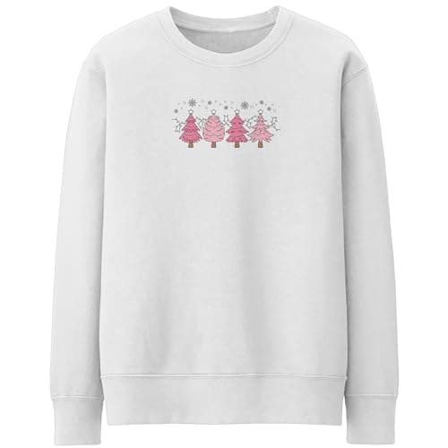 Image of Purple Print House Pink Christmas Trees Womens Sweatshirt Ladies Festive Xmas Sweater Winter, M, White