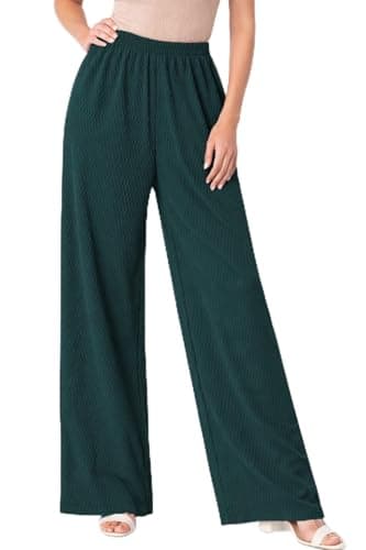 Image of Women’s Waffle Knit Wide Leg Palazzo Trousers Flared Pants Lounge Casual Work Girls Solid Trousers (Bottle-Green XXL Long)