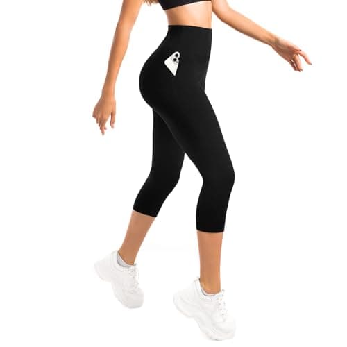 Image of Sanpetix Cropped Leggings for Women UK, High Waisted 3/4 Leggings with Pockets for Workout Running Gym Yoga Black 1 Pack SM