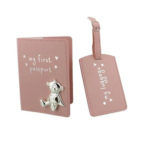 Image of Button Corner PU My First Passport & Luggage Tag Set with Metal Teddy icon Pink CG988P, 200 g