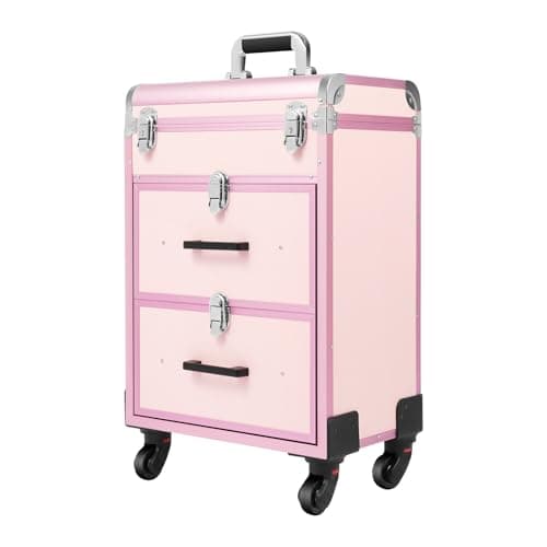 Image of ‌ Professional 3-Tier Rolling Makeup Train Case, Aluminum Alloy Lockable Cosmetic Trolley, Cosmetics Storage Organizer for Make-up Artists, Hairdressers, Nail Technicians, Pink, retro-industrial