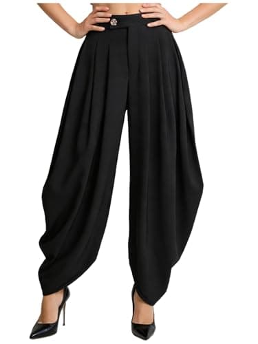 Image of JanJean Women's High Waisted Dress Slacks Pants Tapered Wide Leg Draped Harem Business Casual Work Trousers Black M