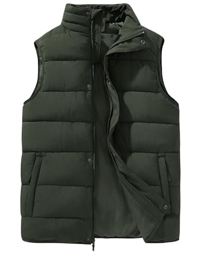 Image of 33,000ft Mens Puffer Vests Winter Warm Waistcoats Padded Outerwear Gilet Water Resistant Quilted Gilet High Collar Insulted Sleeveless Jacket with 4 Pockets Dark Green L