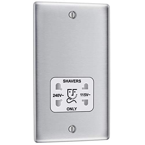 Image of BG Electrical Dual Voltage Shaver Plug Socket, Electric Toothbrush Charger Socket, Bathroom, Raised and Slim Profile, Round Edges, Nexus Metal, 2-Pin, Brushed Steel, White Inserts, 115V / 240V, NBS20W