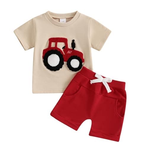 Image of PanLidapan Toddler Baby Boys Summer Shorts Set Outfits Truck Embroidery T-shirts Short Sleeve Tops Shorts Pants 2Pcs Clothes Set Tracksuit (Red, 6-12 Months)