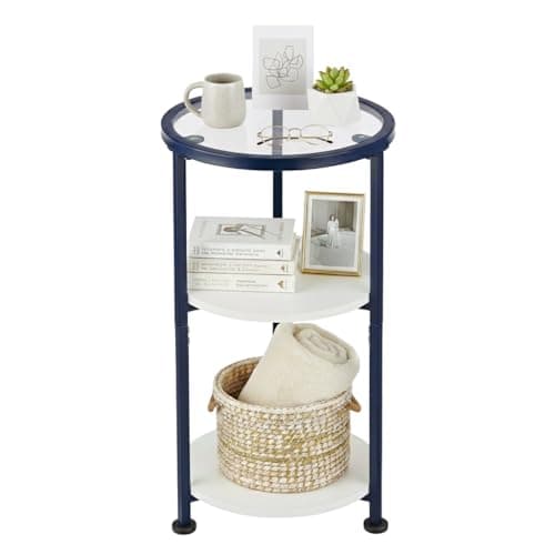 Image of ZEXVIDA Glass Side Table, Small Round Side Table with Tempered Glass Top & 3-Tier Storage Shelves for Small Spaces, Modern Glass Round End Table for Living Room, Bedside Table (White + Navy Blue)