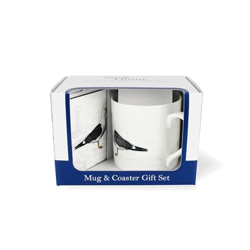 Image of Seaside Mug & Coaster Gift Set - Seagull Coastal Sea Birds Bone China Mug and Cork Coaster Set - Tea/Coffee Present