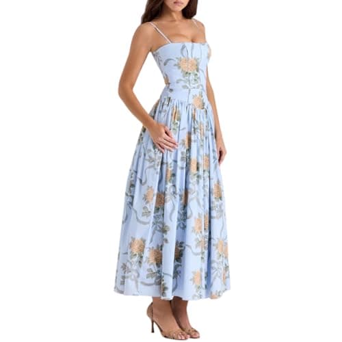Image of Women's Summer Spaghetti Strap Floral Corset Maxi Dress, Square Neck A-Line Wedding Guest Sundress (Blue,S)
